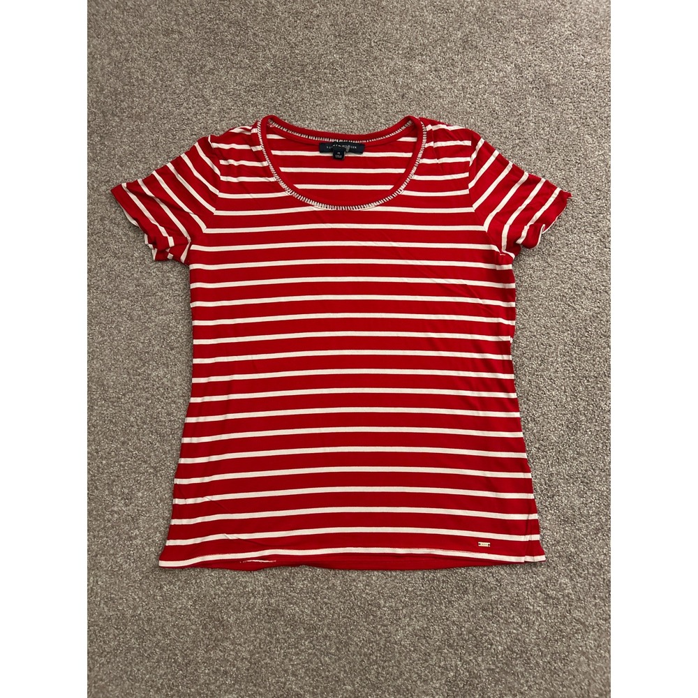 Tommy Hilfiger Striped T-Shirt Womens Medium Red‎ White Excellent Scoop Neck Tee